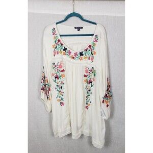 Roaman's Blouse Womens 32W White Embroidered Floral Boho Peasant Tunic Rayon Top